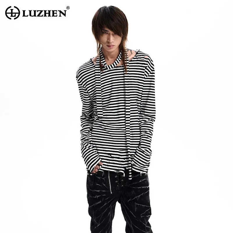 LUZHEN 2026 New Original Personalized Wornout Design Stripe Printed Long Sleeve T-shirts Men Elegant Handsome Casual Tops JY9076