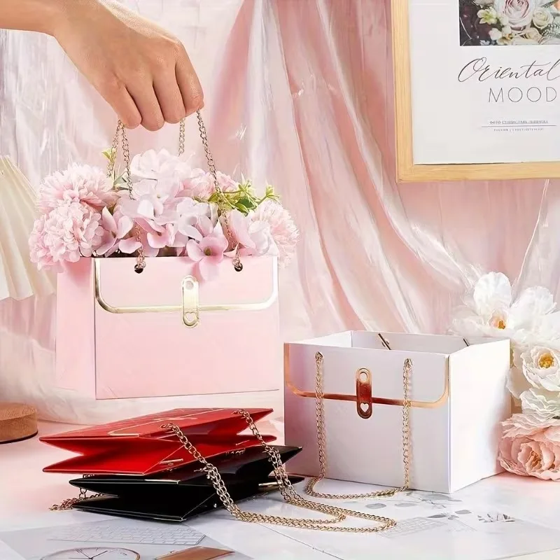 Portable Flower Paper Packaging Box Handbag Creative Bouquet Tote Bags for Valentine’s Day Birthday Party Gifts Mother’s Day