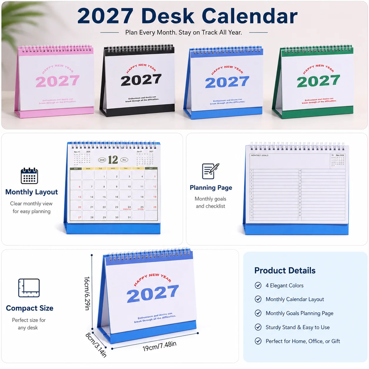 Exquisite 2027 New Year Desktop Calendar Solid Color Coil Bound Stand Clear Monthly Layout Holiday Countdown Stationery Gift