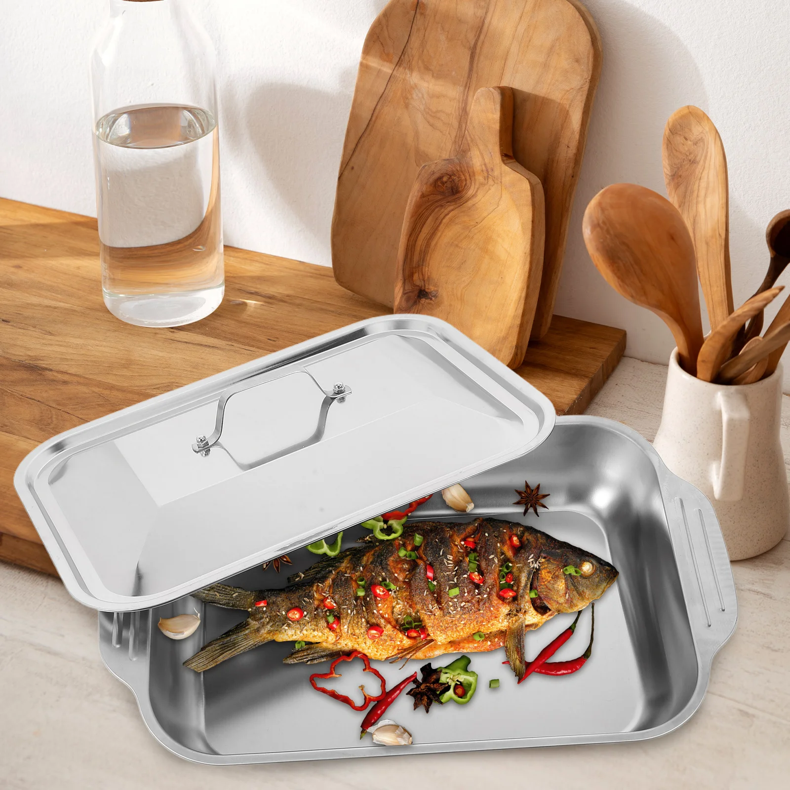 

1 Set Stainless Steel Rectangular Tray Deep Pan For Oven Grilling Roasting Baking Meat Turkey Large Cooking