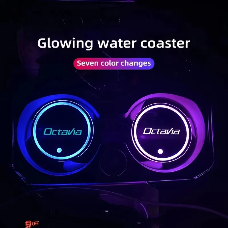 

For Skodas Octavia Kodiaq Fabia Rapid Superb Kamiq Karoq Accessories Colorful Led Atmosphere Light Cup Luminous Coaster Holder