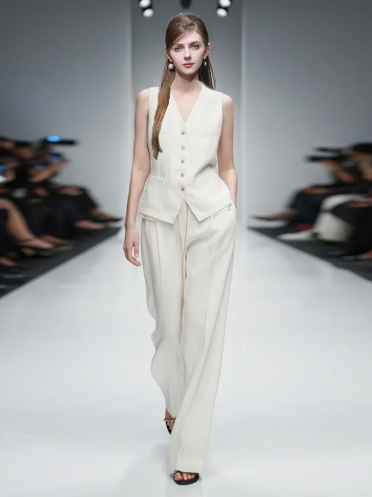 

Casual Cotton Linen V-Neck Wide Leg Pants Tank Top Set Elegant Simple Style Summer Fashion Women's Two-Piece Suit