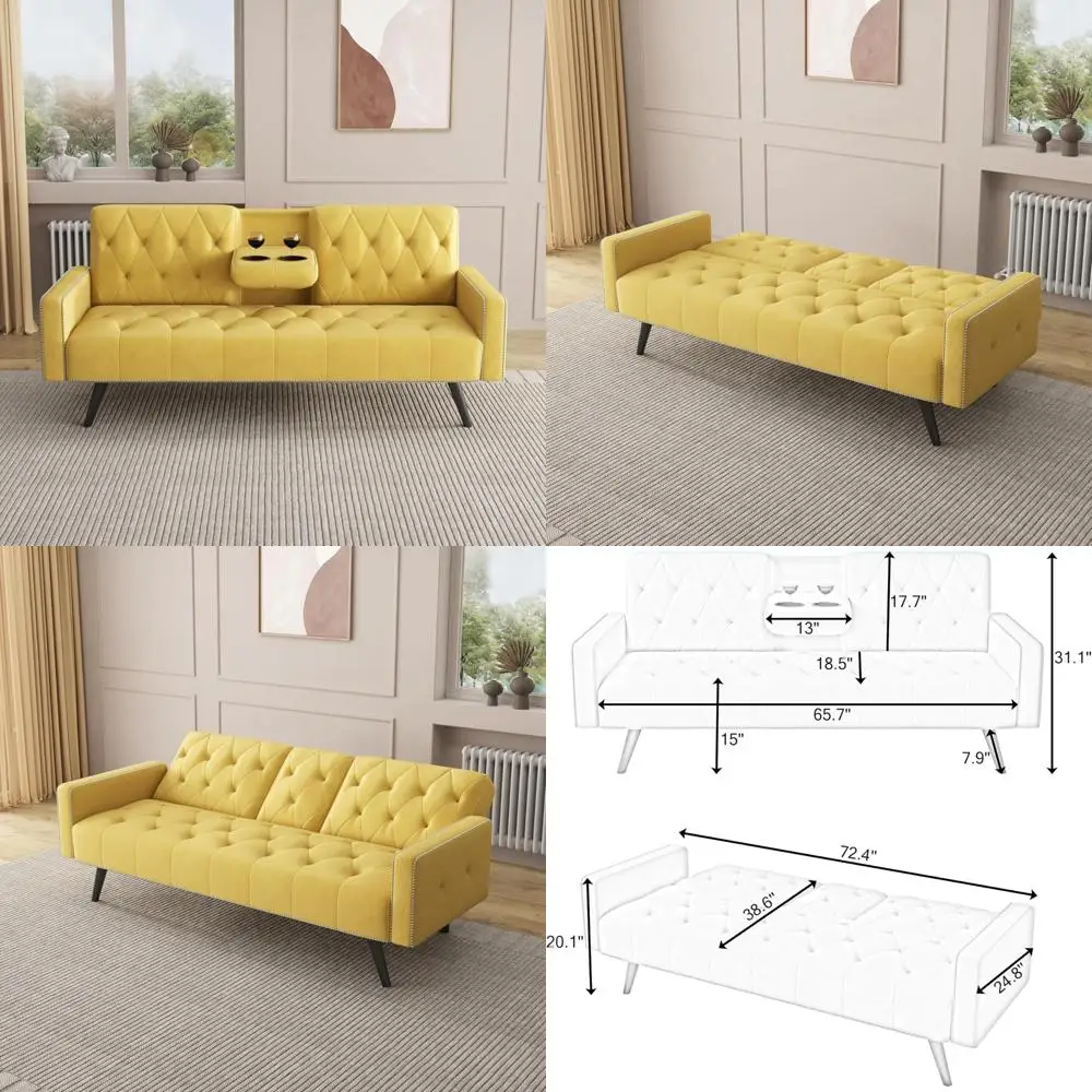 

Convertible 72 Sofa Bed with Cup Holders, Loveseat Sofa with Armrest and Backrest, 3-Seat Futon Sofa Bed with Nail Head Trim, Ve