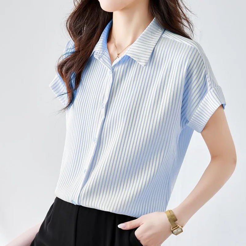 Office Lady Striped Casual Tops Turn-down Collar Ladies Simplicity Shirts Short Sleeve Blouses Summer Loose Women\'s Clothing