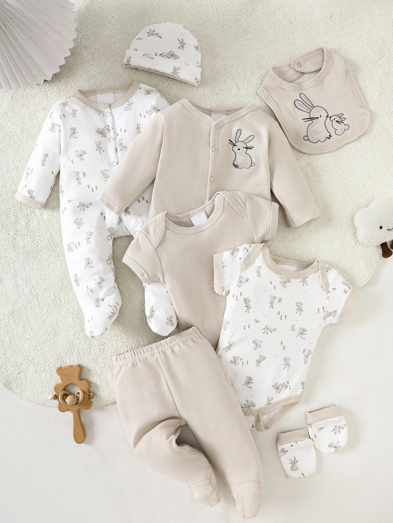 8-Piece Newborn Romper Set | 100% Cotton | Soft & Breathable | Apricot with Cartoon Rabbit | for Sleeping & Crawling