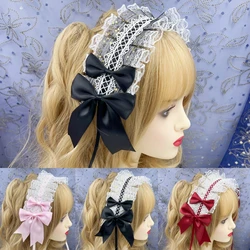 Sweet Star Embroidery Lace Ribbon Lolita Ruffled Headband Bow Hairband with Hairpins Anime Maid Cosplay Headdress