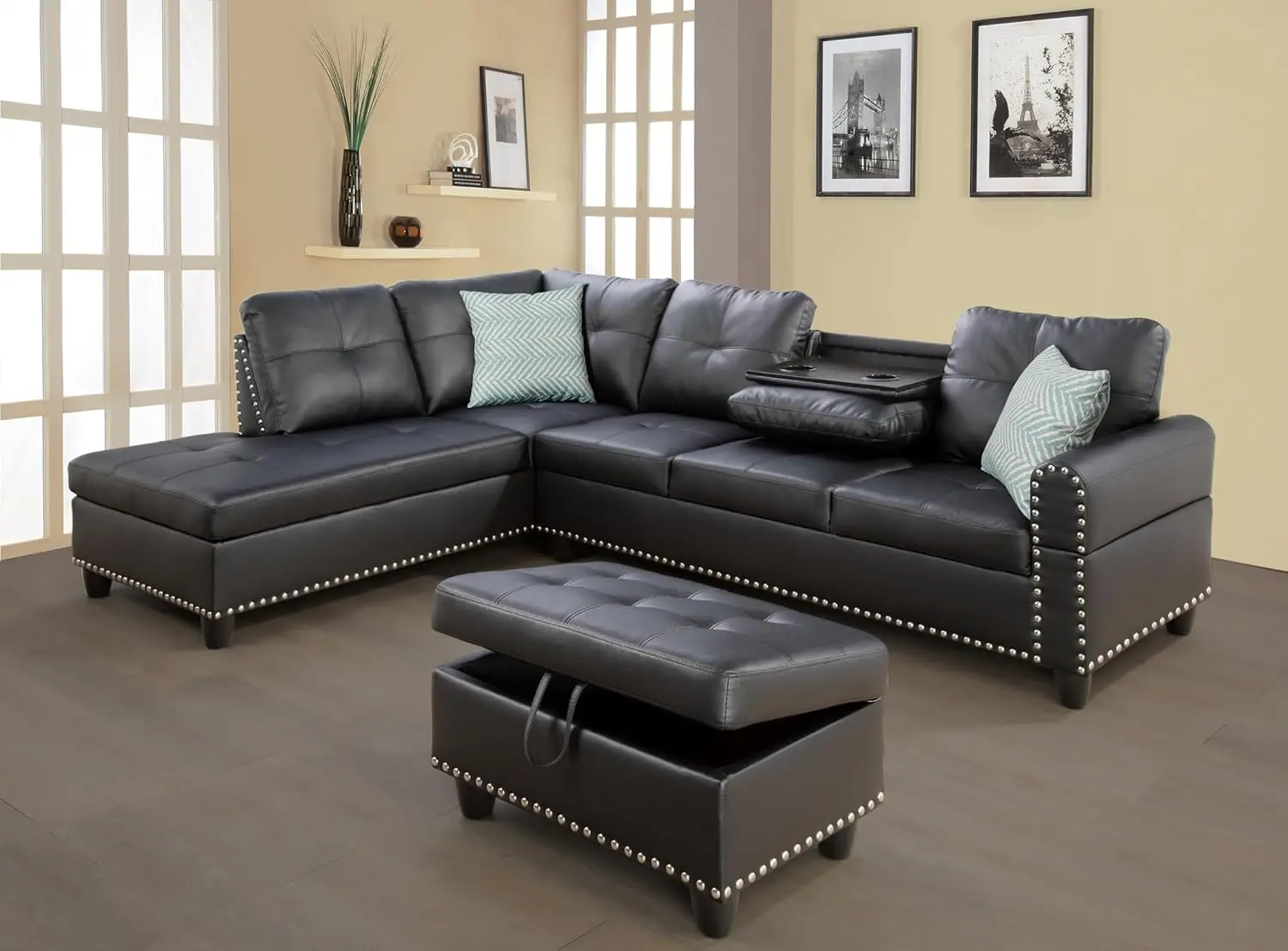 Sofa with R Chaise, L-Shaped 5 Seaters Faux Leather Upholstered Corner Sofa & Couch W/2 Cup Holders and Storage Ottoman for Home