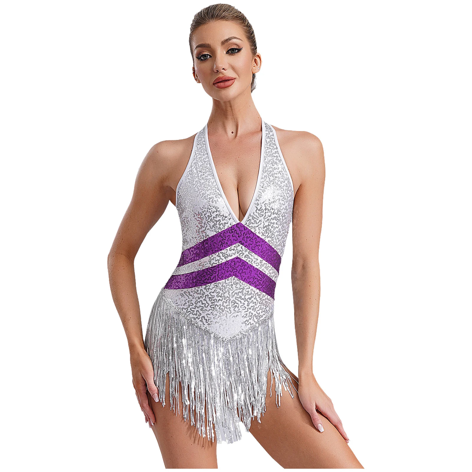 Sequins Cheerleading Leotard Womens Latin Jazz Bodysuit Sleeveless Open Back Sparkly Tassels Outfits Dance Performance Costume