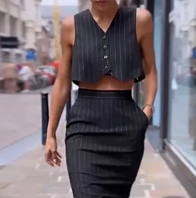 Two Piece Set Women Outfit Summer Fashion Stripe Casual Commuter Sleeveless Button Crop Vest & High Waist Pocket Long Skirt Set