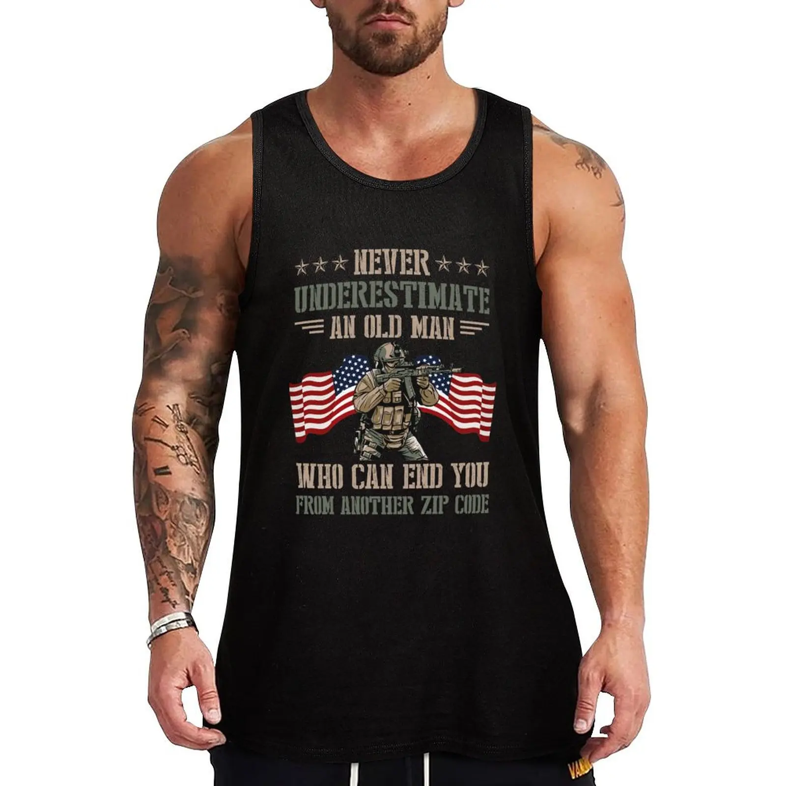 

Veteran Never underestimate old man who can end you from another zipcode Tank Top Men's gym t-shirt gym top plain t-shirt Vests