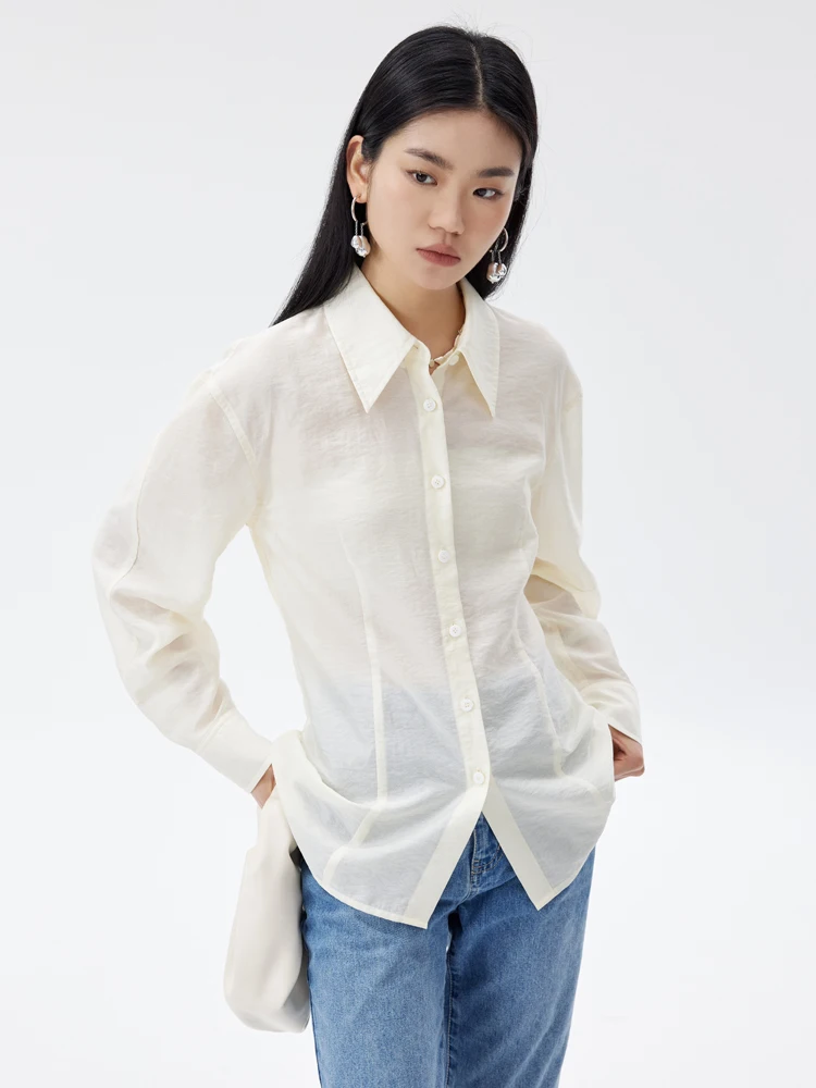

Blank Label Women's Long Sve irt Ruched Waist Lenzing Blend Knit Summer Top Commute Sle Pure Color Flip Collar Button