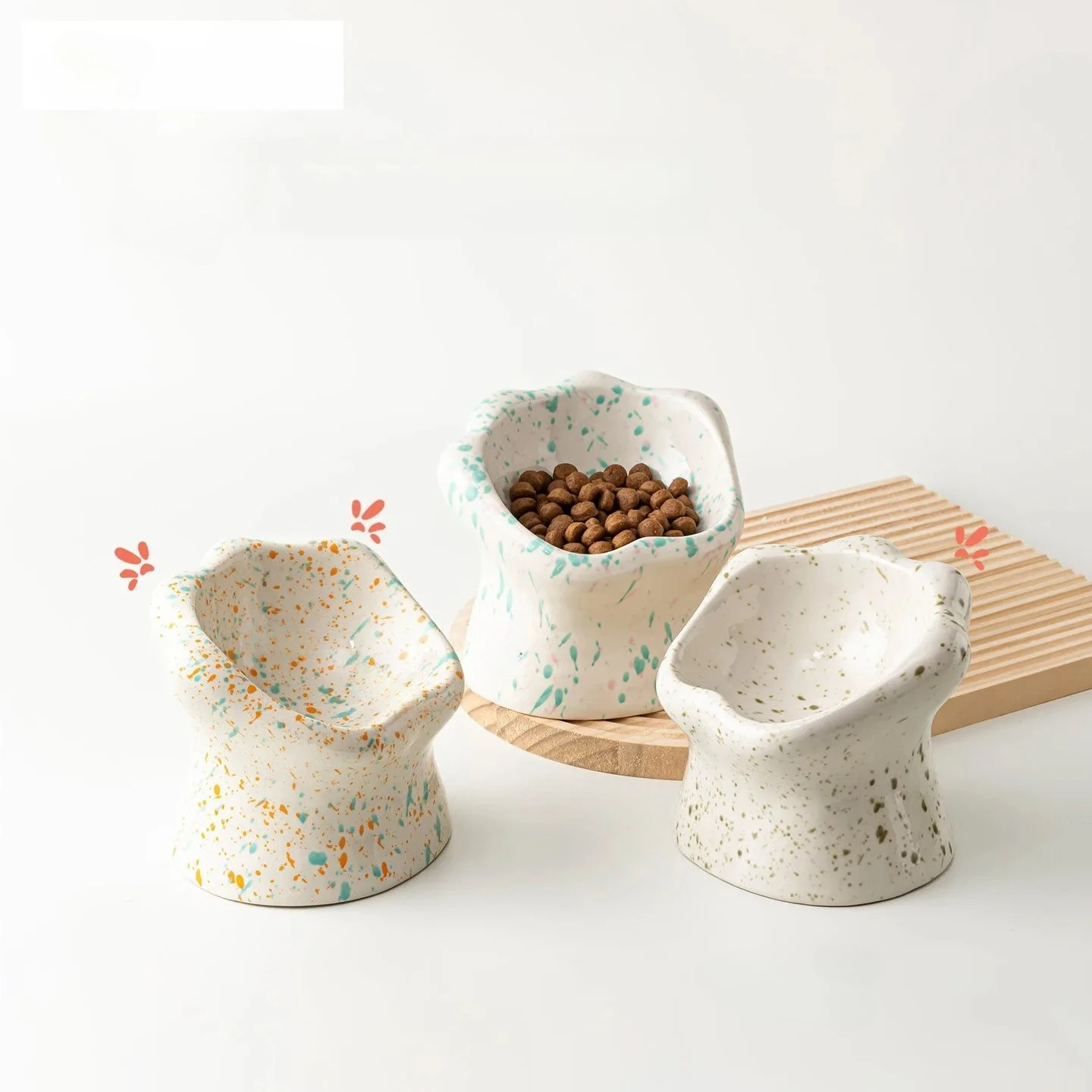Cat Accessories Pet Ceramic Paw Shaped Pet Elevated Tilted Splatter Speckle Bowl Cat Dog Indoor Home Feeding Food Container