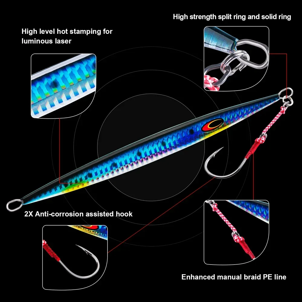 Goture Metal Luminous Spoon Fishing Lure 100g 200g 300g Slow Jig Hard Artificial Bait Vertical Jigging Lure Fish for Sea Fishing