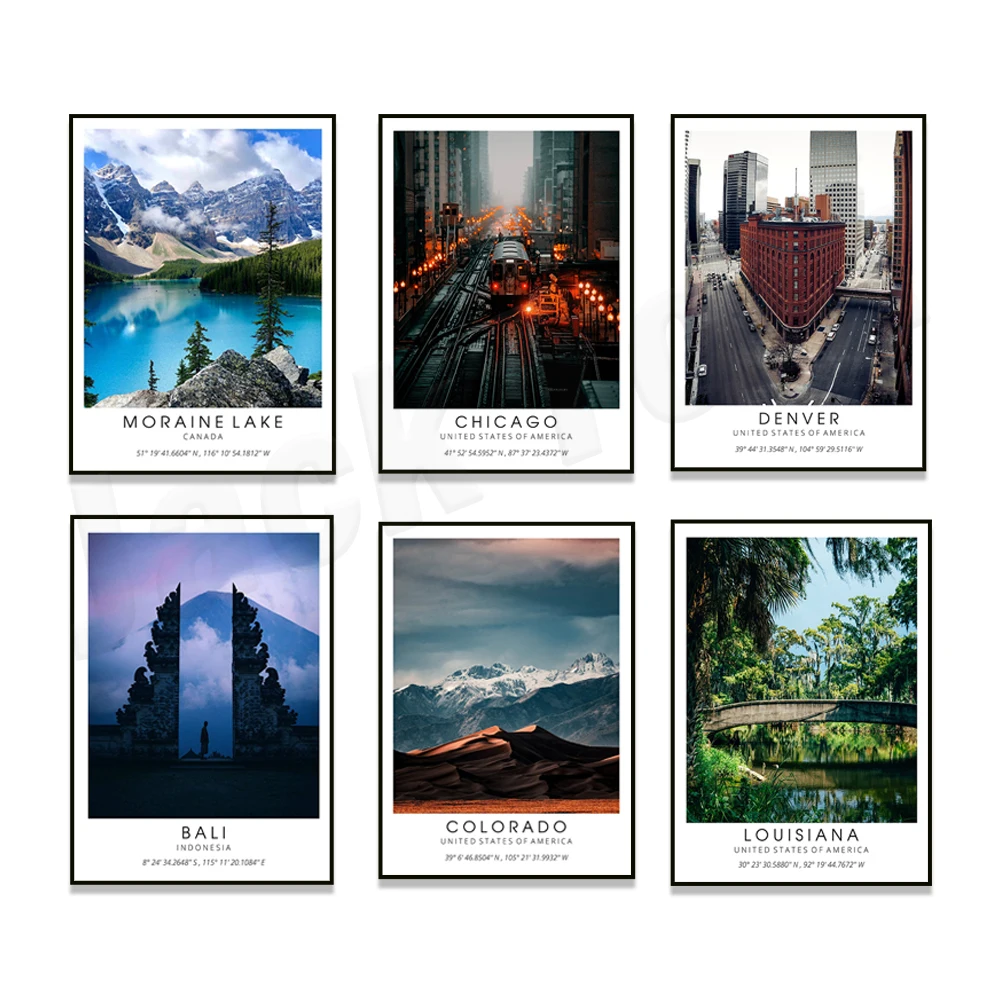 Colorado, Moraine Lake Canada, Venice, Paris, Louisiana, London, Bali, Denver, Positano Italy, Arizona, Chicago cityscape poster