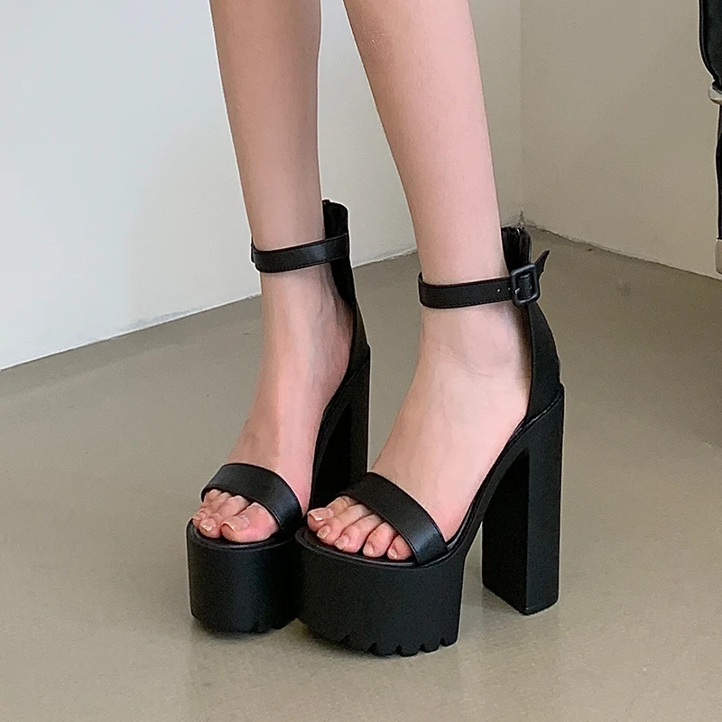 14cm Chunky Heels Sandals Platforms Woman Size 34 Summer Shoes Black High Heels Gladiator Sandals Back Zipper