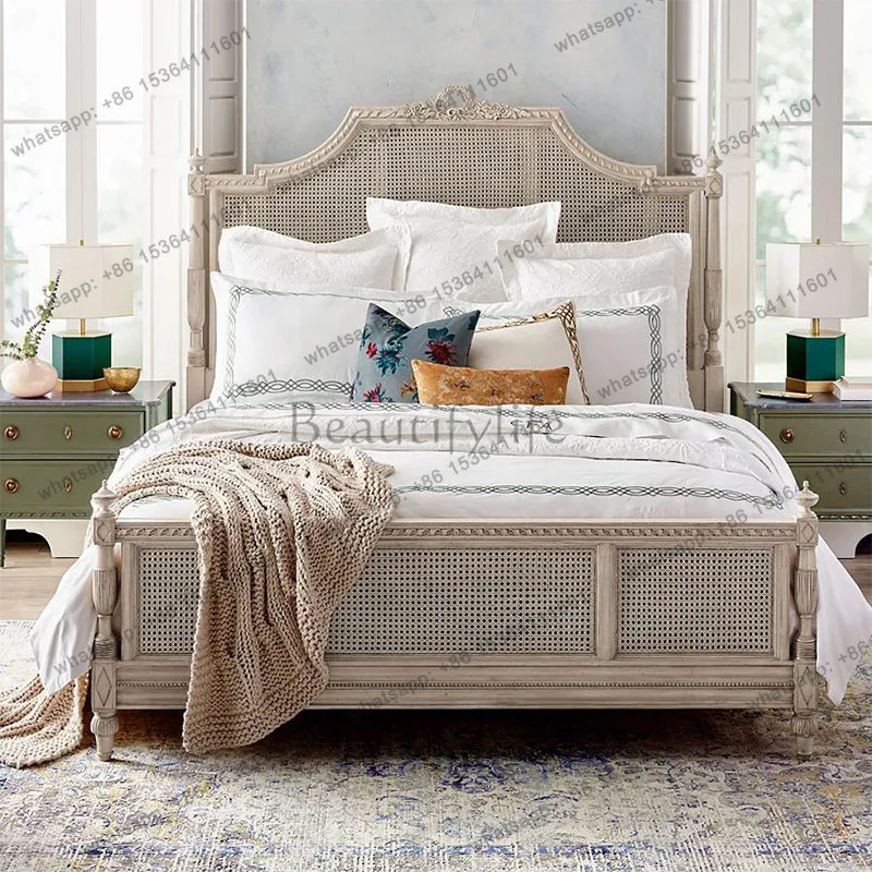 PJ French country solid wood carving flower log double bed bedroom rattan art