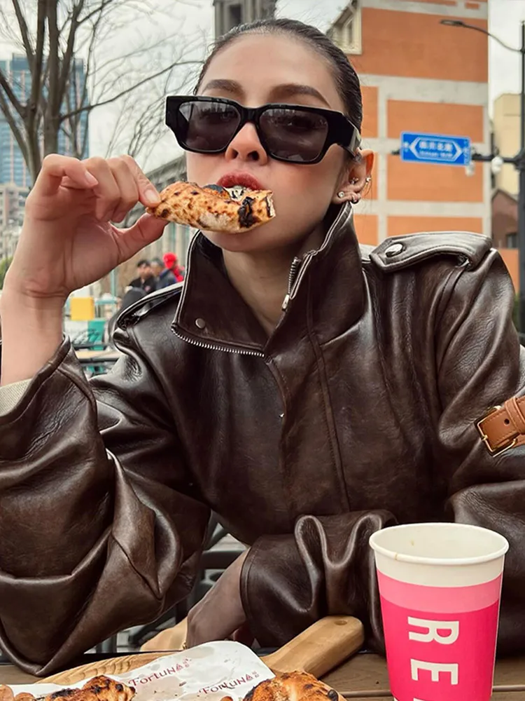 

Fashion Stand Collar Short Leather Jacket Women Chic Solid Waist Cinching Zipper Slim Coat Lady 2025 Autumn High Street Outwear