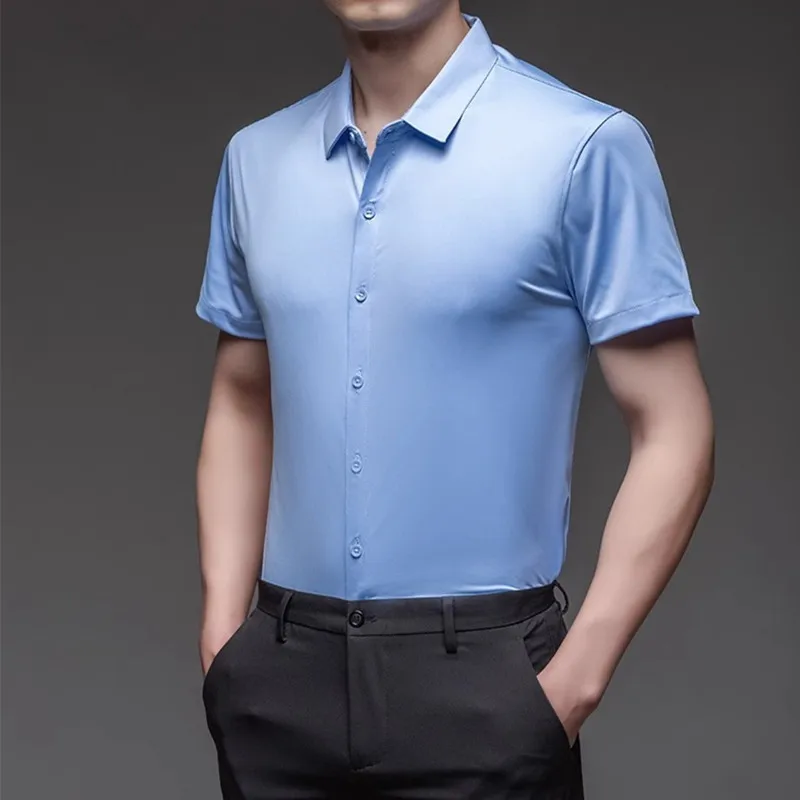 High Stretch Men's Solid Color Shirts Short Sleeve Business Casual Breathable Abrasion-Resistant Formal Social White Black Shirt