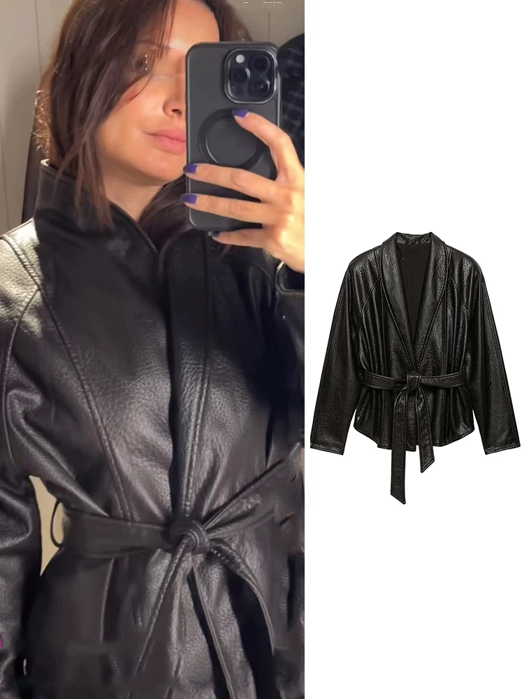 Chic Faux Leather Belted Jackets for Women New  Autumn Elegant Stylish V Neck Jacket Casual Simple Leather Fashion Streetwear
