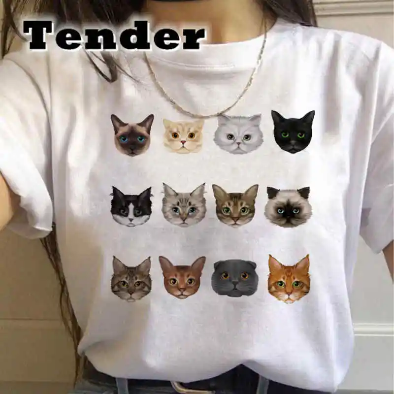 Kawaii Cat Face Funny Tshirt Korea Short Sleeve Womens Tshirts Fashion Clothes Girls Y2k Top Shirt Print Tee Aesthetic T-Shirt