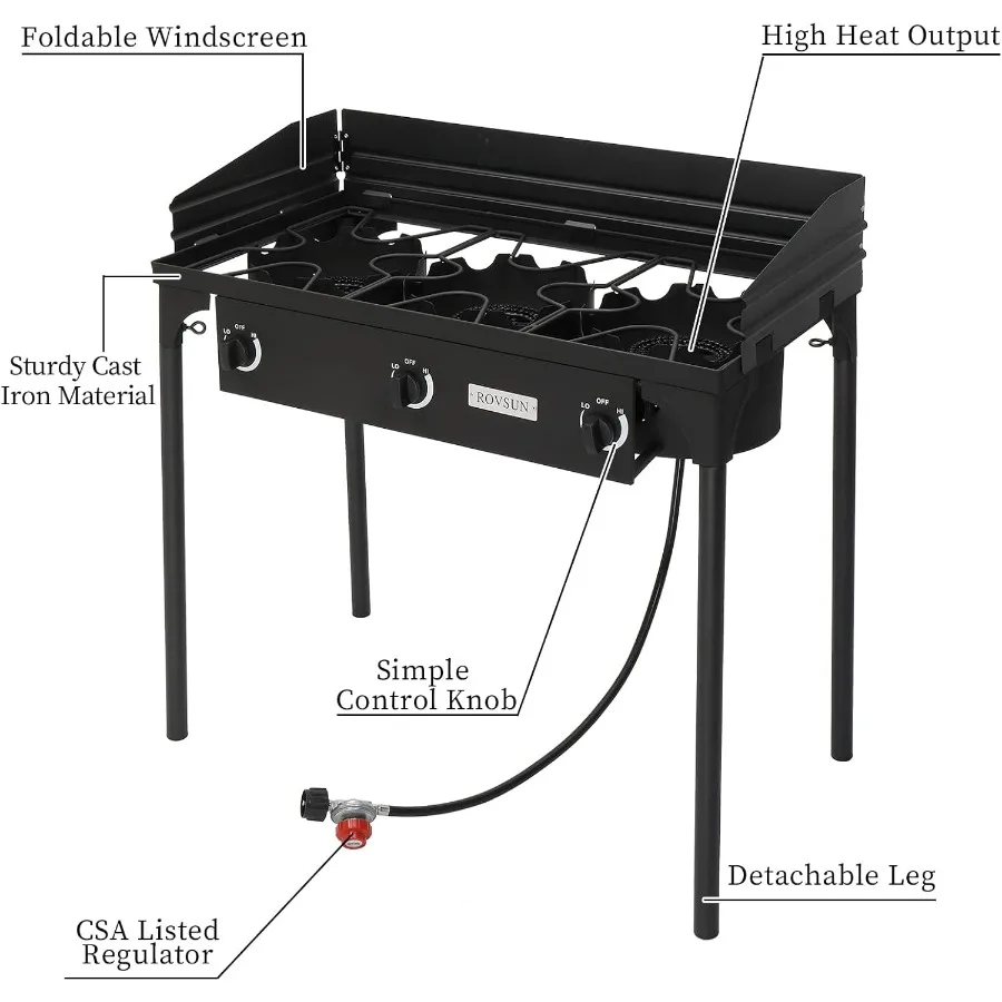 

3-уровневая уличная портативная газовая плита с пропановой горелкой 225000-BTU с сумкой для переноски ветрового стекла, сверхмощная железная литая плита P