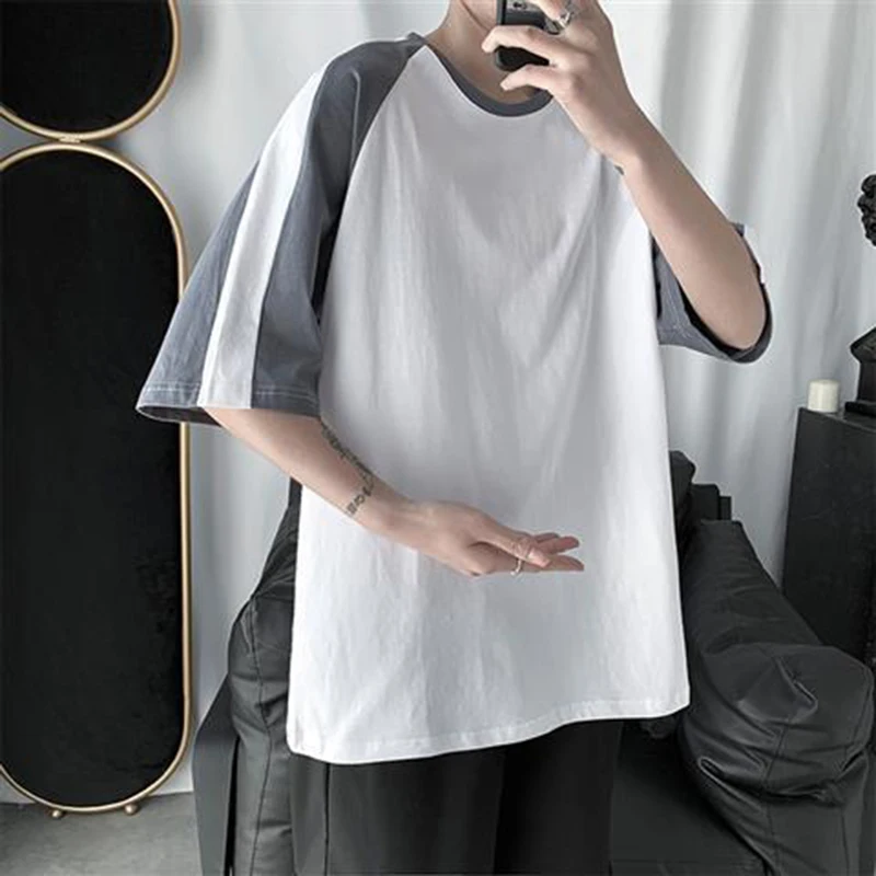 

Cotton Patchwork Hit Color Print Couples Summer Men O Neck Short Sleeve T Shirt Korean Fashion Harajuku Oversized New Streetwear