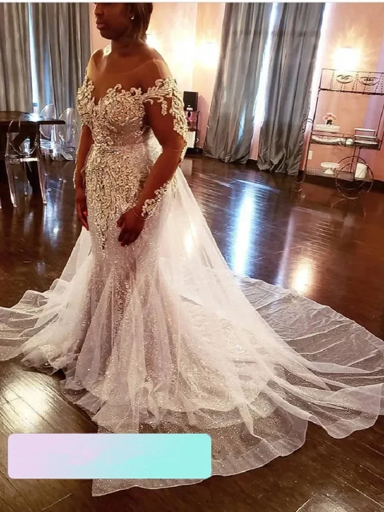 Personalizado colher pescoço sereia cristais pesados contas vestido de casamento ilusão mangas compridas plus size rendas apliques vestidos de noiva