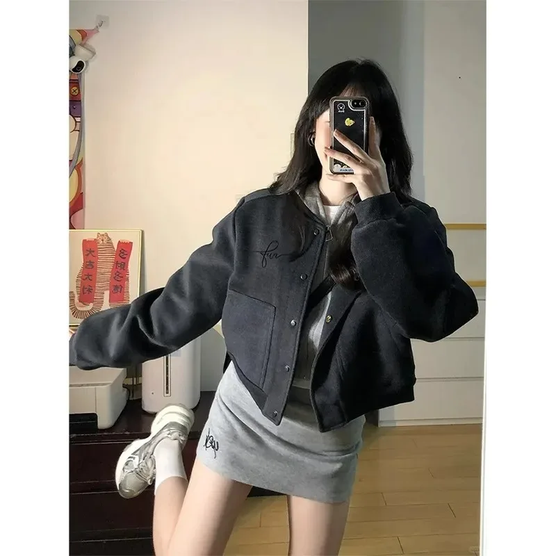 

Spring and Autumn Woolen Short Baseball Jacket Shoulder Length Coat Women's Korean Version Early Spring Jacketthickened