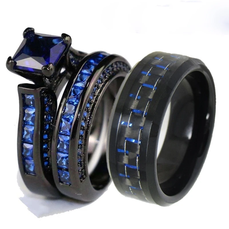 Carofeez Fashion Couple Rings for Lovers Engagement Wedding Band Trendy Blue Zircon Women Rings Set Cool Weave Men Rings