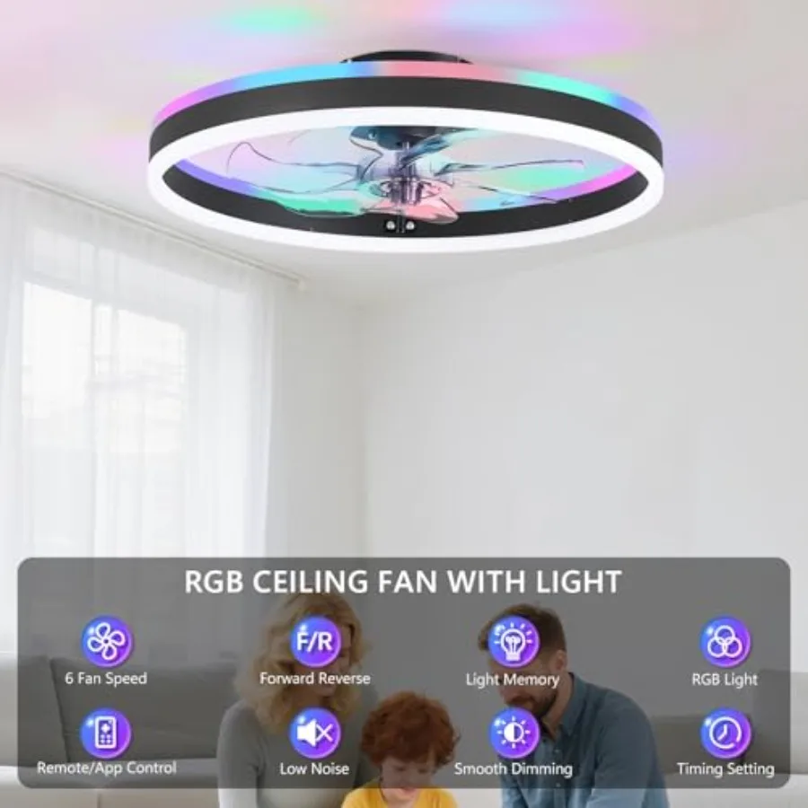 RGB ceiling fan with light for bedroom, living room, kitchen; black ABS plastic; black; 20-inch low-profile flush mount, bladel