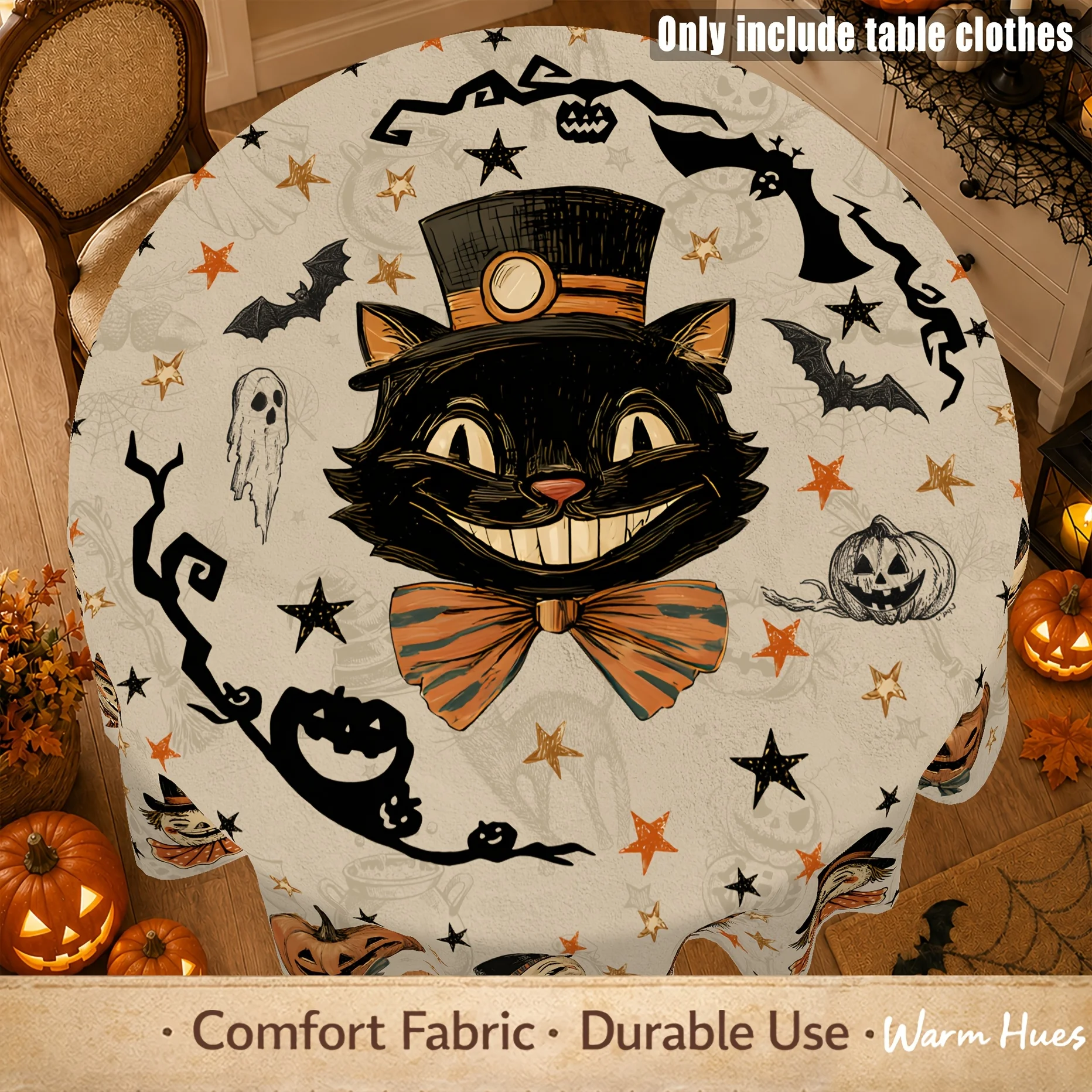 1 piece, cute retro Halloween black cat tablecloth, smiling black cat and top hat print