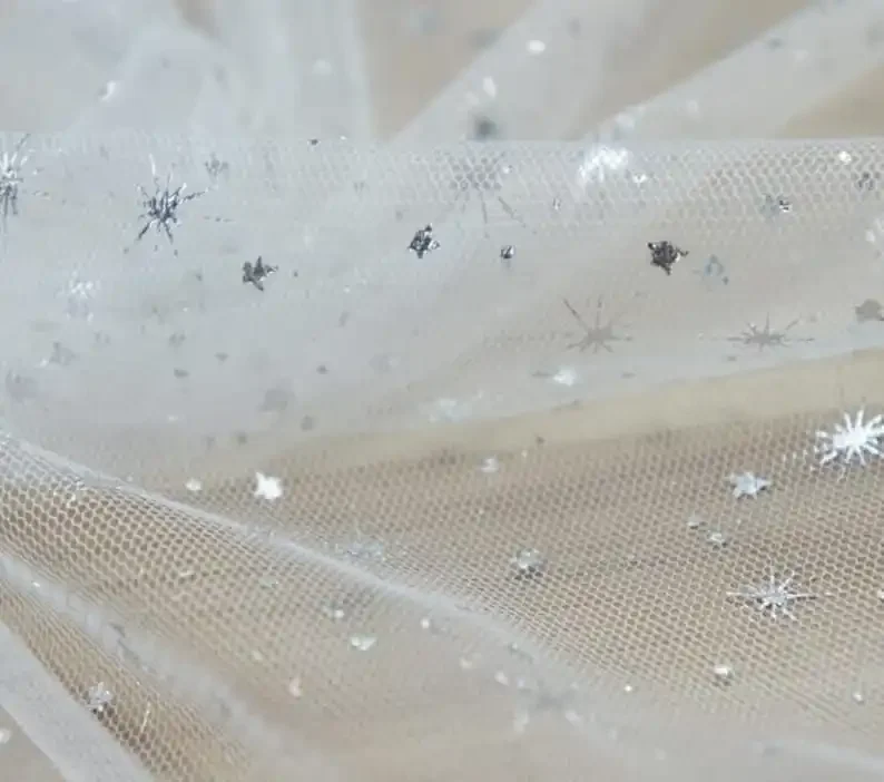 Silver Sequins Stars embroidery Lace Fabric Star Soft Tulle Fabric For Girl Dress Tutu Dress Wedding Dress Bridal Veil 1 yard