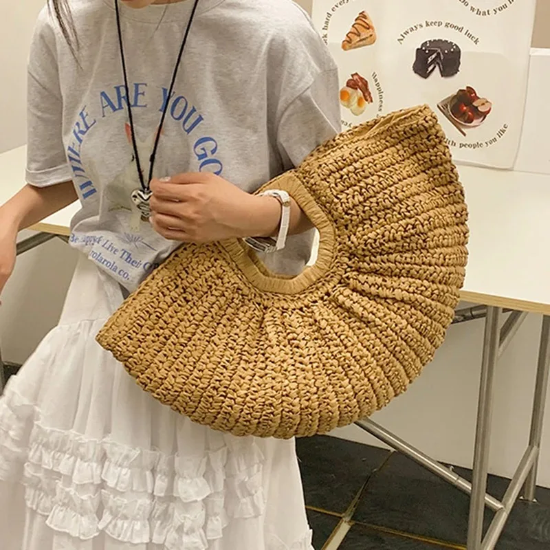 

Rattan Handbag,Summer Straw Women Half-moon Beach Handbag Handmade Handle Fashion Kintted Tote Bag