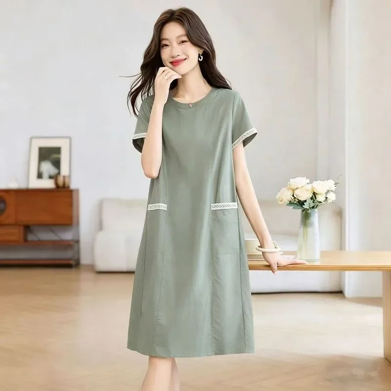 

Simple Loose Fit A Line Dress With Lace Trim And Pockets For Women Casual Spring Autumn Wear