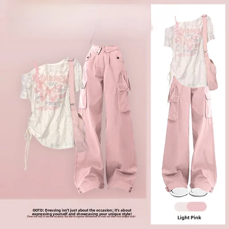 

2026 New Korean Style Dopaamine Fashion Set High Waist Slimming Workwear Pants Asymmetrical Top Versatile Two-Piece Set