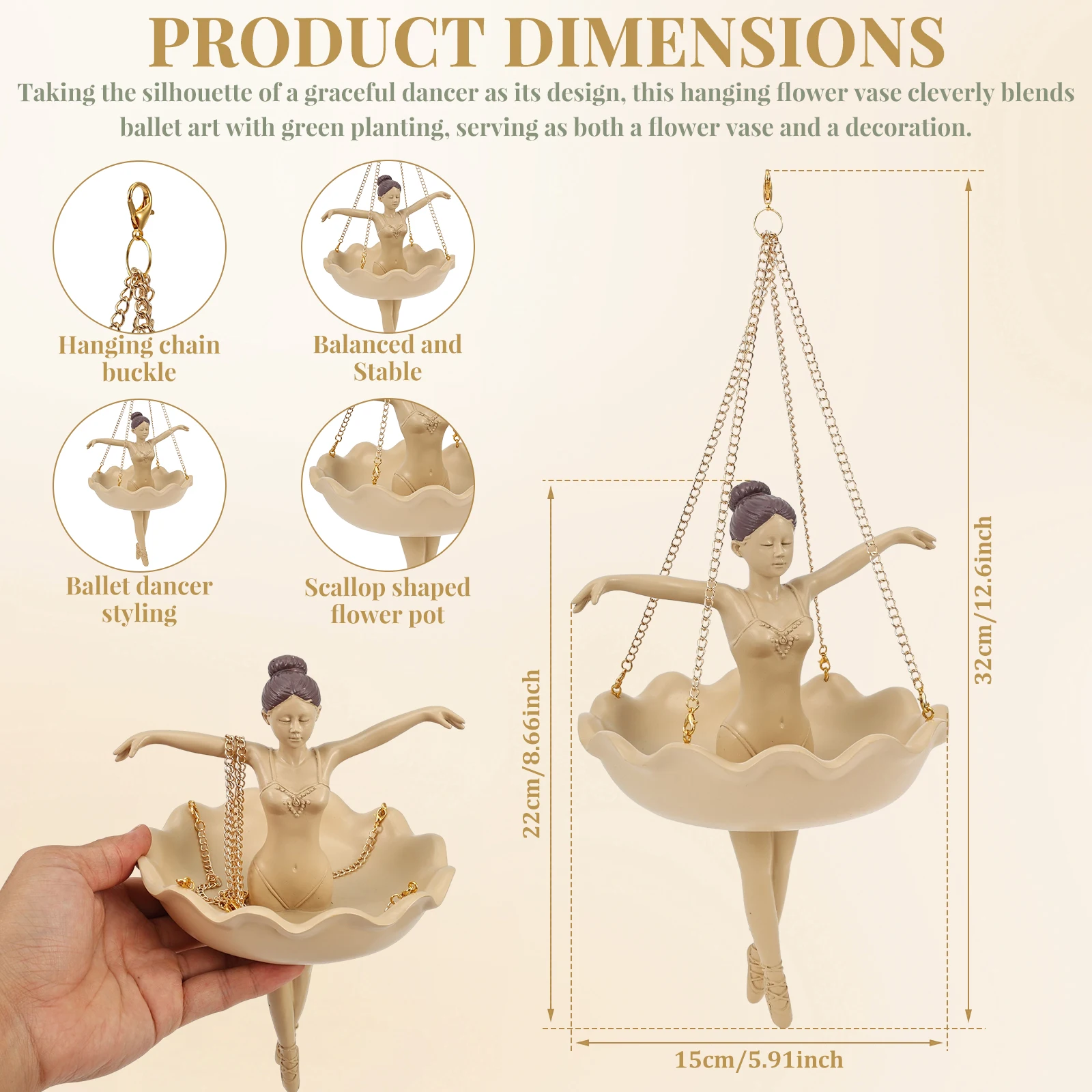 Ballet Dancer Hanging Planter Resin Sculpture Pot Elegant Ballerina Plant Pot with Hanging Chain for Courtyard Patio Garden Deco