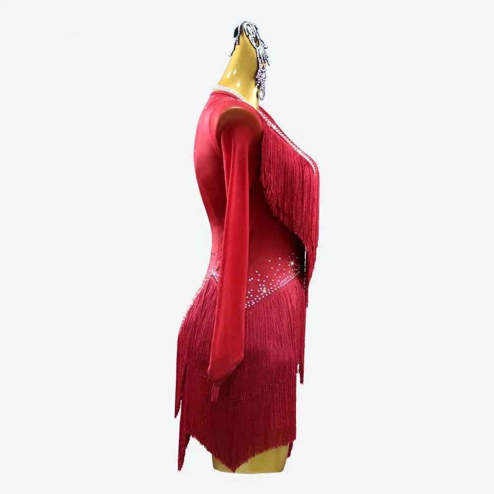 Red Latin Dance Dress Party Dress Women's Sexy Set Sportswear Competition Dress Stage Performance Ball Girl Tassel Skirt