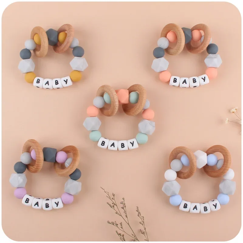 Kissteether Baby Wooden Ring Teether Toy Food Grade Silicone Baby Teething Toy Sensory Silicone Beads Chew Toy for Newborn