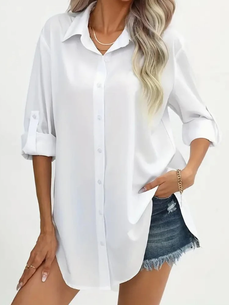 

Zadily Women's White Turn-Down Collar Roll-Up Long Sleeve Oversized Longline Casual Work 2025 Fall Blouse Clothing