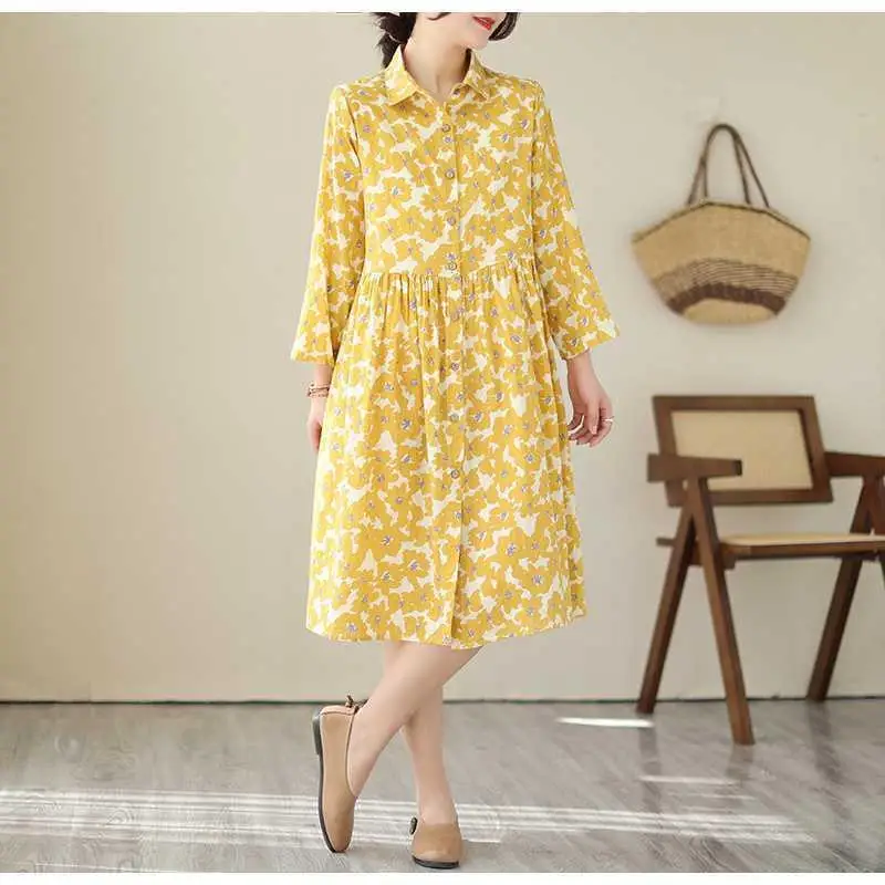 Women's Floral Dr irt Collar mid Length Casual Cotton A-Line Skirt Nine Sve Sli Comfortable Fit for Various Ocns