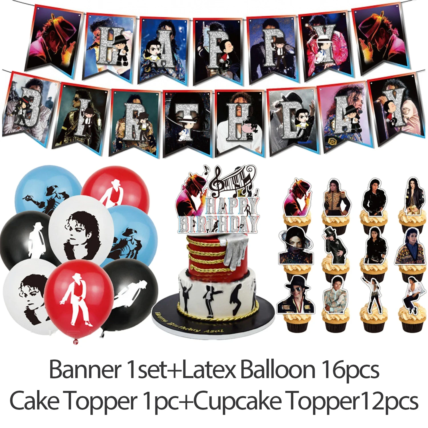 New Michael-Jacksons Birthday Party Decorations Kit Music Backdrop Balloons Cake Topper Banner for Kid Adult Fans Party Supplies