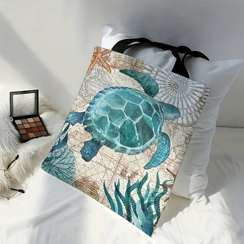 Travel Essential Sea Turtle Print Large Capacity Shoulder Tote Bag, Storage Bag, Versatile Shopper Bag Tote Bag 30x35cm Handbag