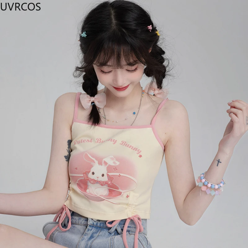 Pink Lolita Style Kawaii Vset Women Kawaii White Cartoon Bunny Print Sweet Tank Top Female Yellow Drawstring Princess Crop Tops