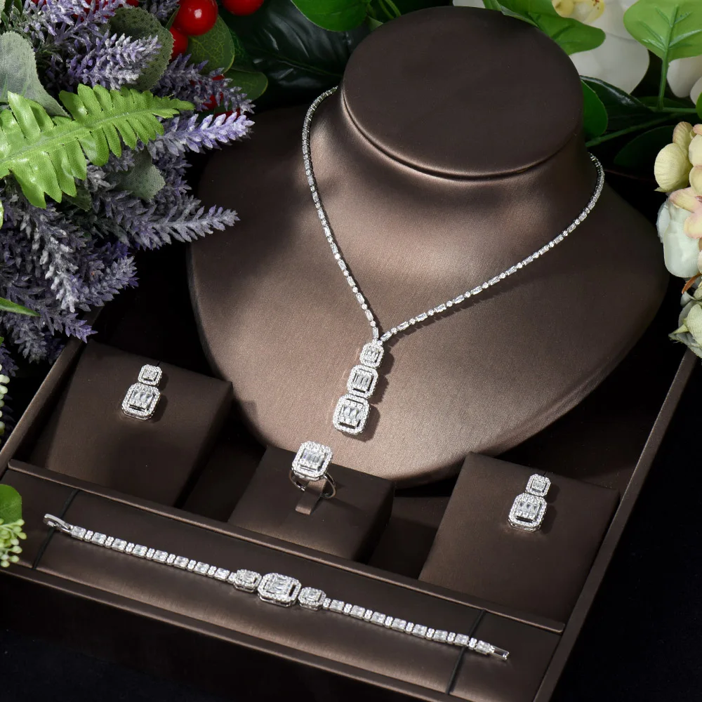 HIBRIDE Square Design 4pcs Necklace and Earrings Sets Cubic Zirconia Women Bridal Wedding Jewelry Accessories bijoux femme N-940