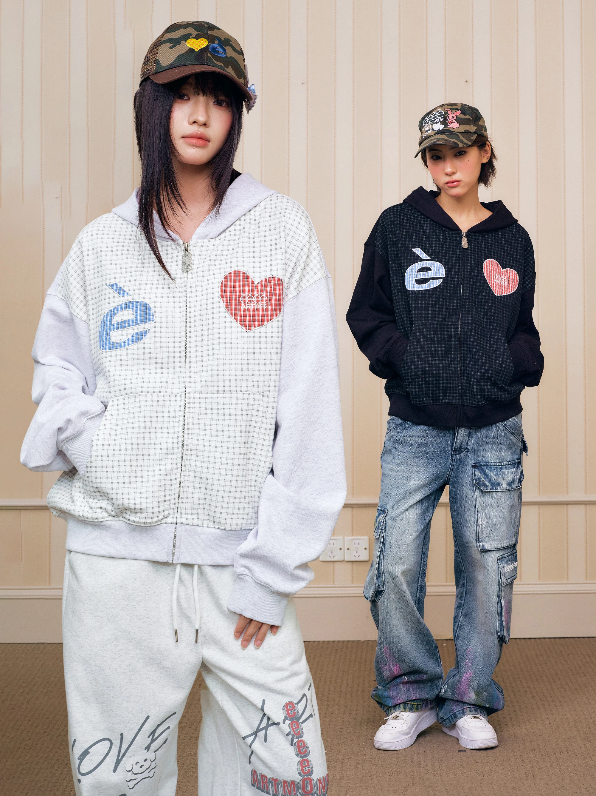 Eeee Artmonster Retro Plaid Patchwork Hoodie Sweatshirt Embroidered Letter Patch Splicing Design Standard Fit Long Sleeve You...