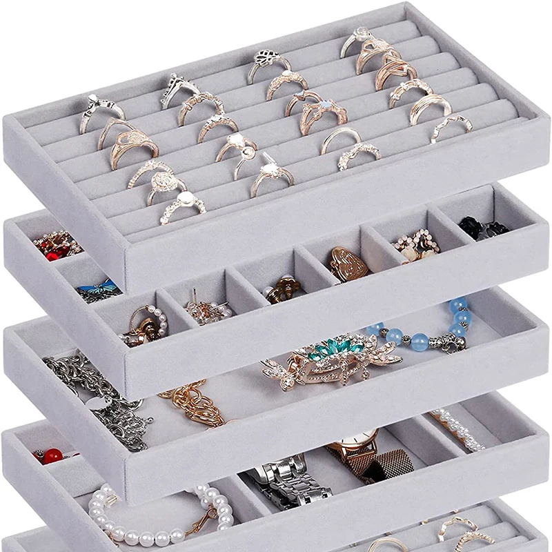 Bandeja de joyería apilable de terciopelo suave, caja de almacenamiento de exhibición de Joyas, caja organizadora portátil para anillos, pendientes