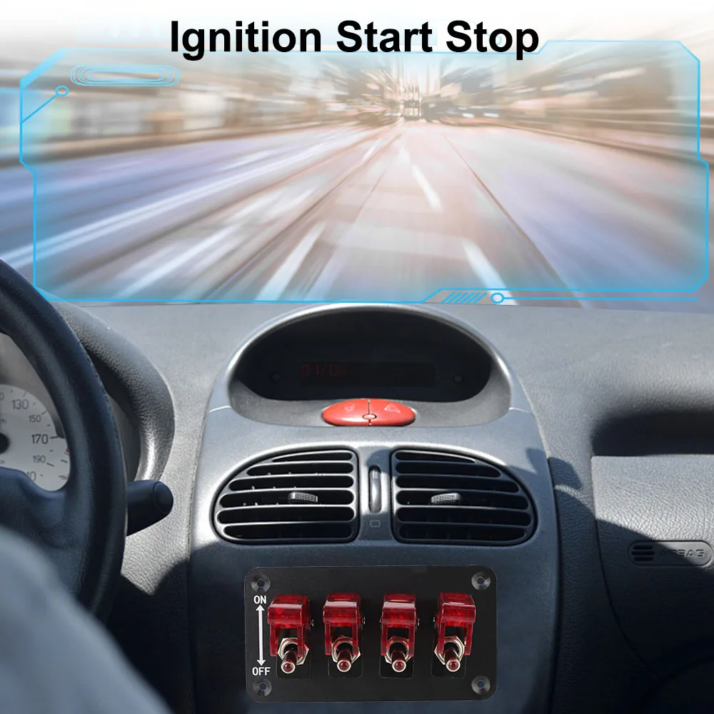 Auto-Zündschalter-Panel mit Startknopf und LED-Anzeige für Rennwagen 12V 20A 4-Wippschalter-Panel – Detail 4