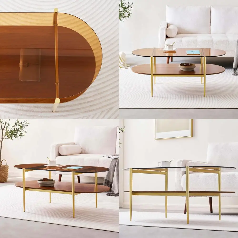 

Mid-Century Oval Coffee Table, 2-Tier, Amber Glass Top, Walnut Wood Shelf, Gold Conical Legs, Living Room Furniture