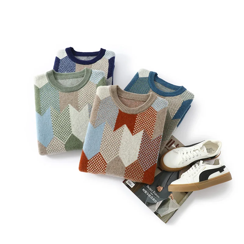 سترة رجالية من الصوف الخالص 100% برقبة دائرية وسهم ريترو كتلة ألوان قاعدة بلوفر كتلة ألوان غير رسمية من الصوف الناعم تريكو