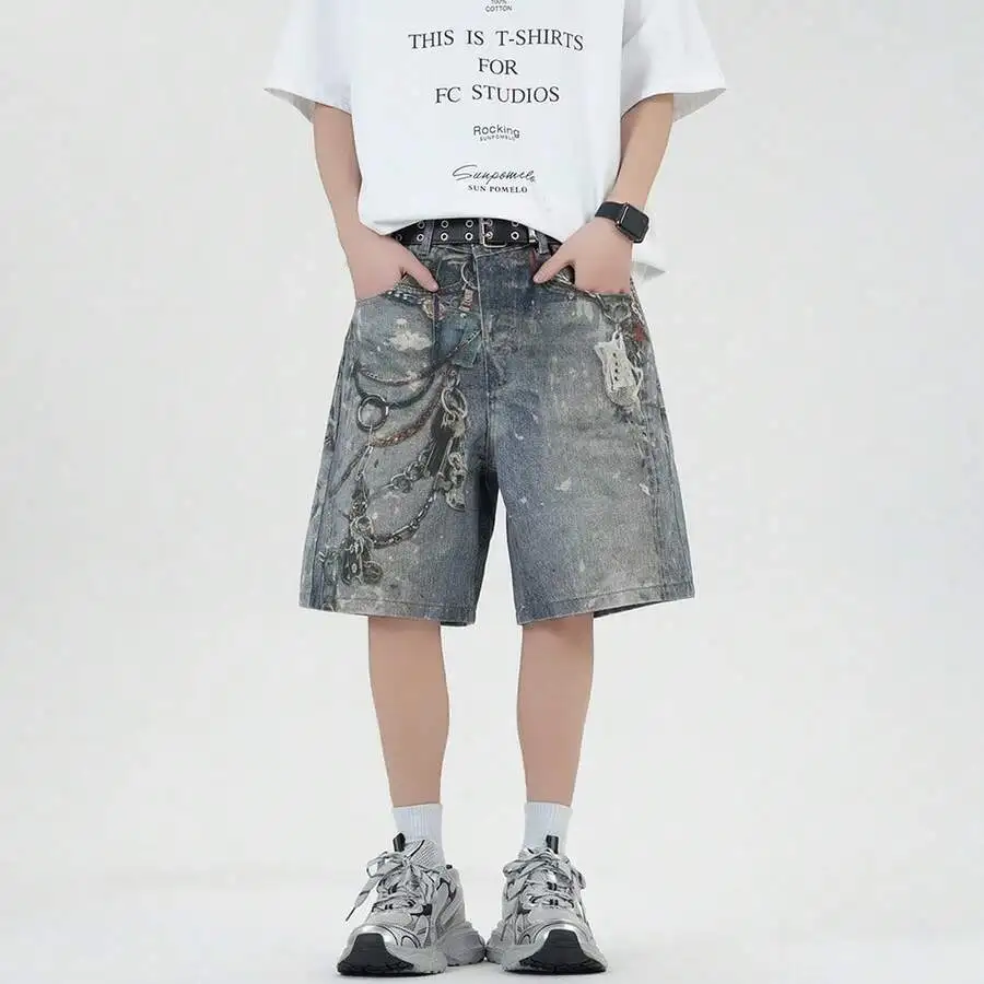 

Mens Distressed Denim Shorts With Chain Embellishments, Loose Fit Y2K Grunge Style Wide Leg Jorts